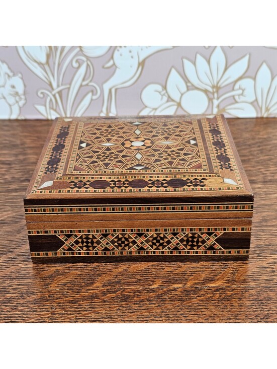 Estate Other - Vintage Damascus Mosaic Wood Jewelry Box Mother of Pearl Inlay 5 Inch